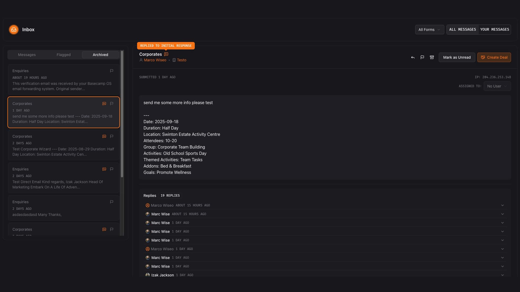 Basecamp OS Contact Form Inbox