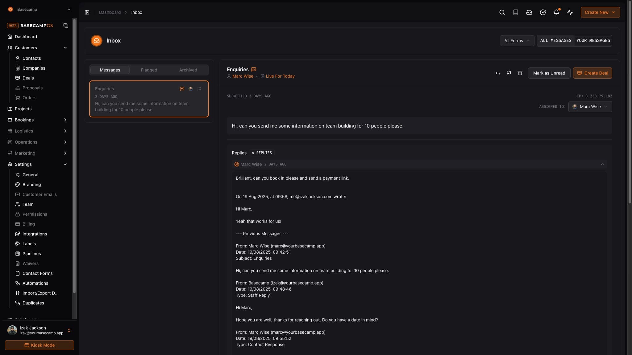 Basecamp OS Contact Form Inbox